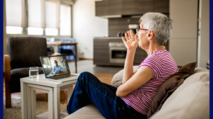 online therapy 14 An older woman talks with a therapist during a teletherapy session while sitting on a couch looking at an iPad on a coffee table.