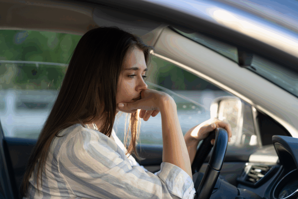 A woman sits in her car, replaying a conversation over and over in her mind. She is feeling anxious.