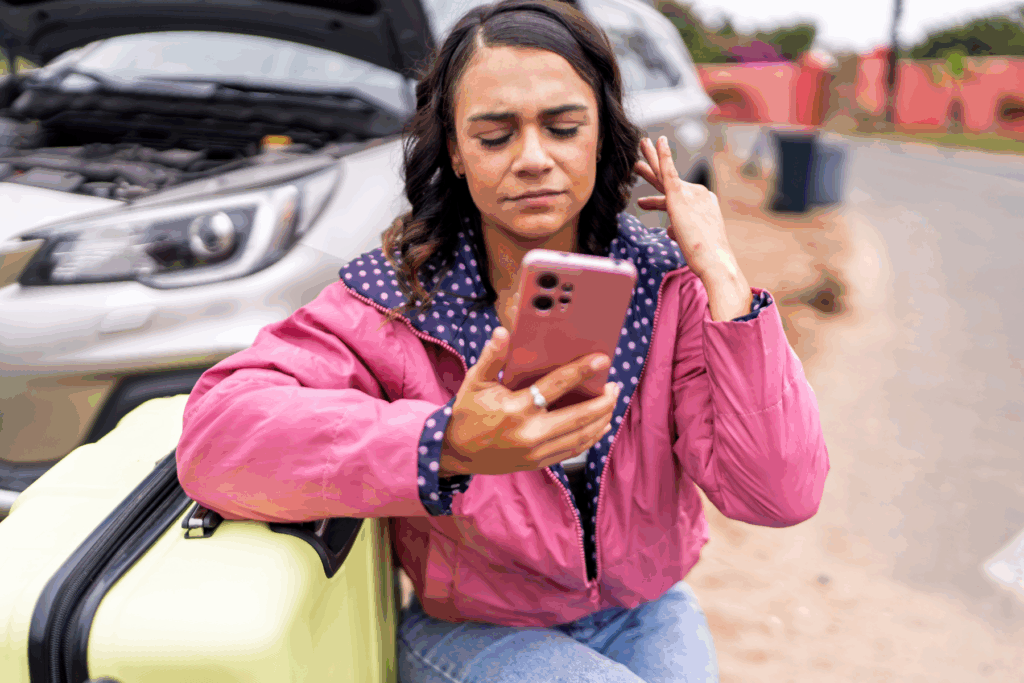 A woman looks at her phone, ignoring the chaos around her caused by avoidance and social anxiety.