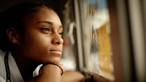 1 A woman in deep thought looks out a window, wondering if she has mental health issues